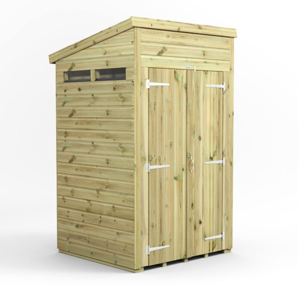 4x4 Premium Security Shed with reinforced timber door, sloped pent roof, and multiple windows designed for secure garden storage.