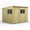 10x8 premium garden shed with slanted roof, secure door, and six dark-glass windows, ideal for spacious garden storage or workshop use."