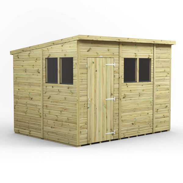 10x8 premium garden shed with slanted roof, secure door, and six dark-glass windows, ideal for spacious garden storage or workshop use."