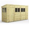 14x4 windows sd 14x4 premium pent shed with slanted roof, secure door, and six dark-glass windows, ideal for spacious garden storage or workshop use.
