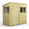 8x4 premium pent shed with slanted roof, secure door, and six dark-glass windows, ideal for spacious garden storage or workshop use.