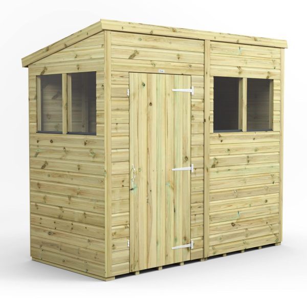 8x4 premium pent shed with slanted roof, secure door, and six dark-glass windows, ideal for spacious garden storage or workshop use.